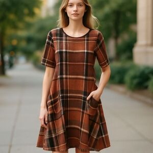 Enfocus Studio Brown Plaid Knit Dress Slouchy Pocket Lagenlook Academia Mori/12